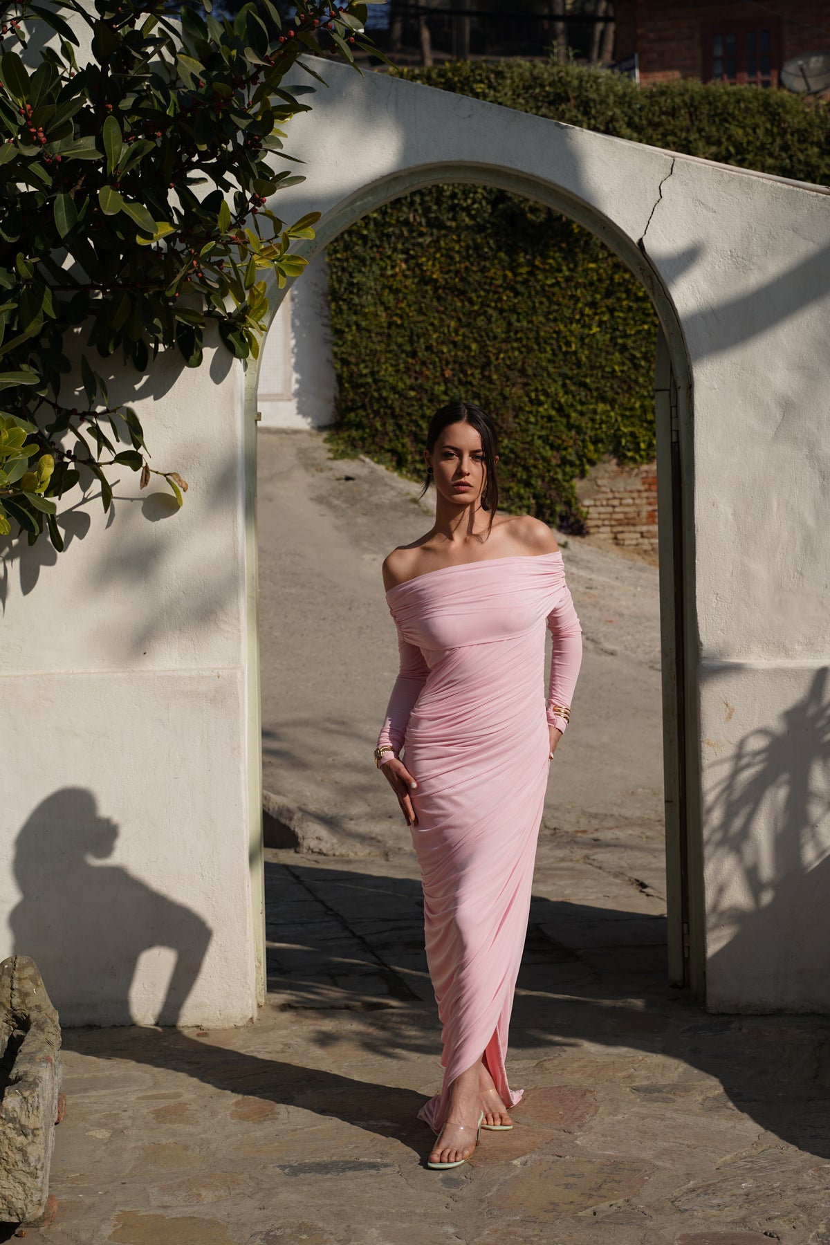 Pink Off-Shoulder Ruched Maxi Dress
