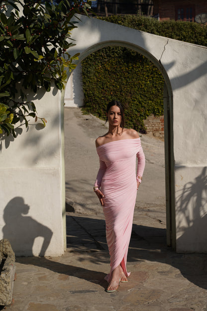 Pink Off-Shoulder Ruched Maxi Dress