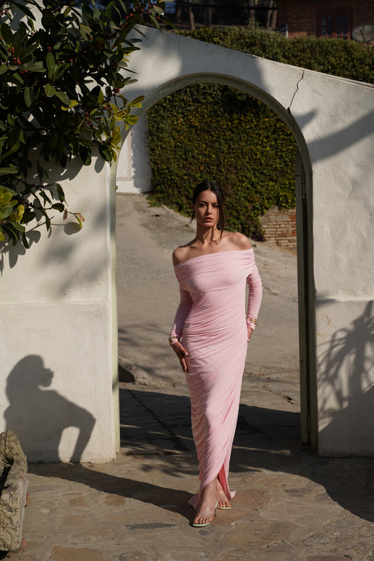Pink Off-Shoulder Ruched Maxi Dress
