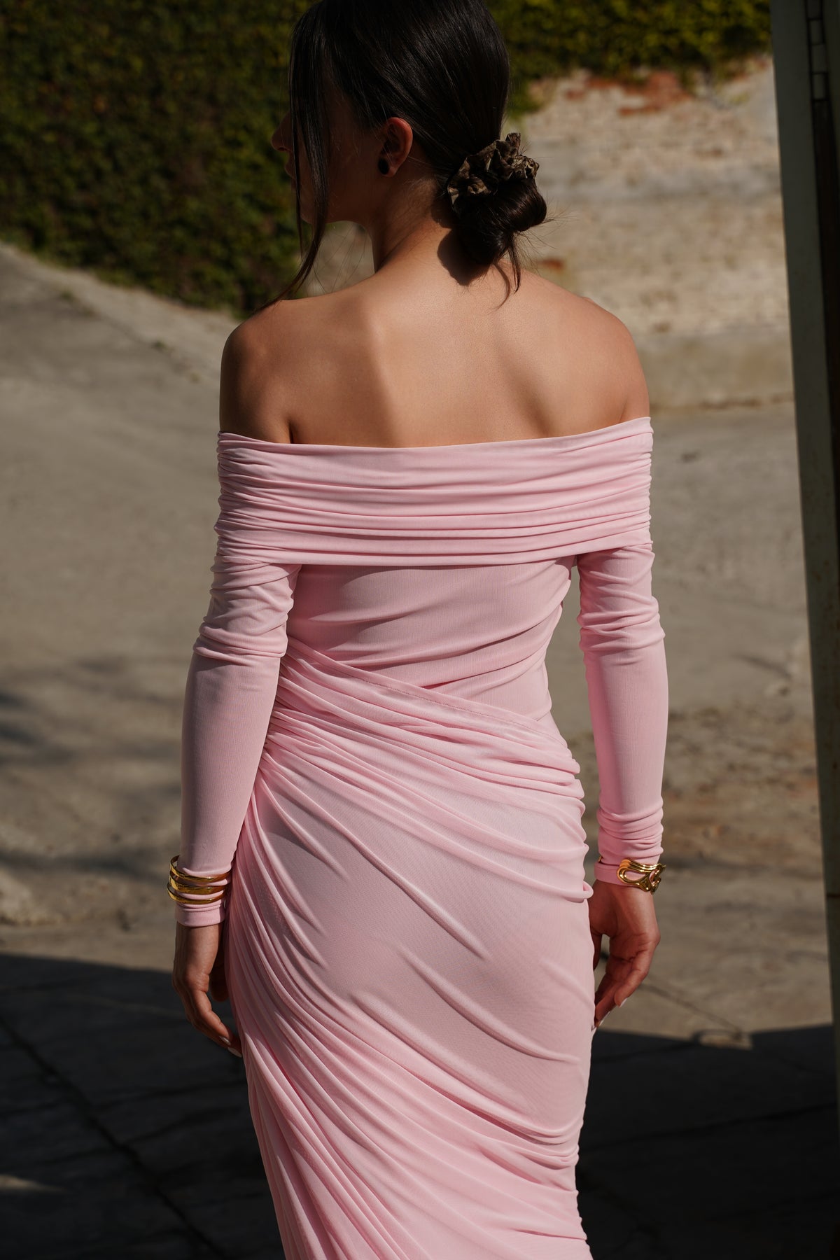 Pink Off-Shoulder Ruched Maxi Dress