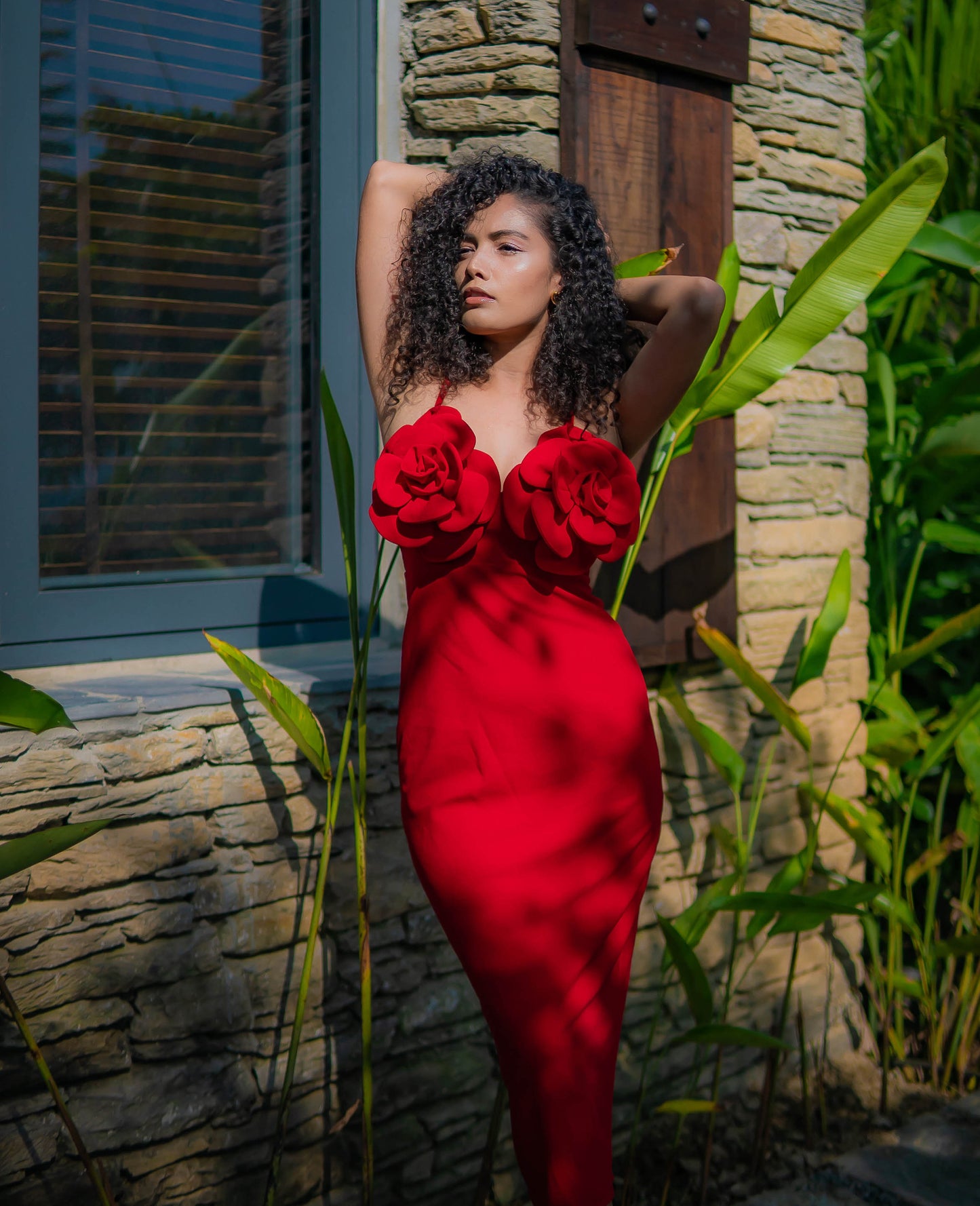 Bloom Rouge 3D Floral Midi Dress