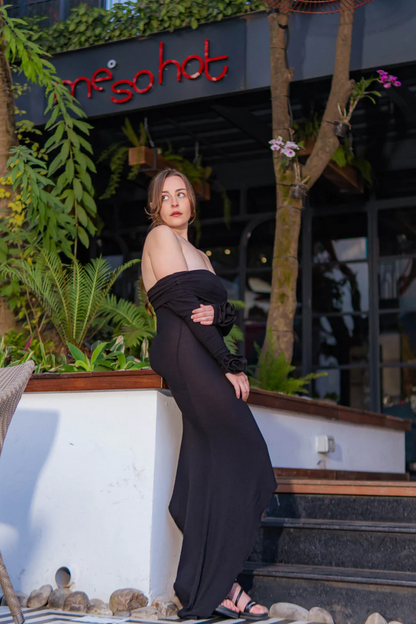 Black Bloom 3d patch flower maxi dress